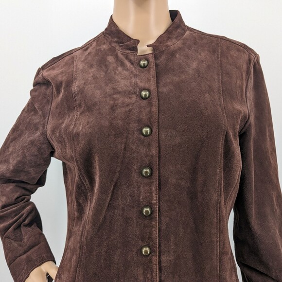 Vintage y2k Live a Little Suede Military Jacket Brown Button Front Leather L - Picture 3 of 13